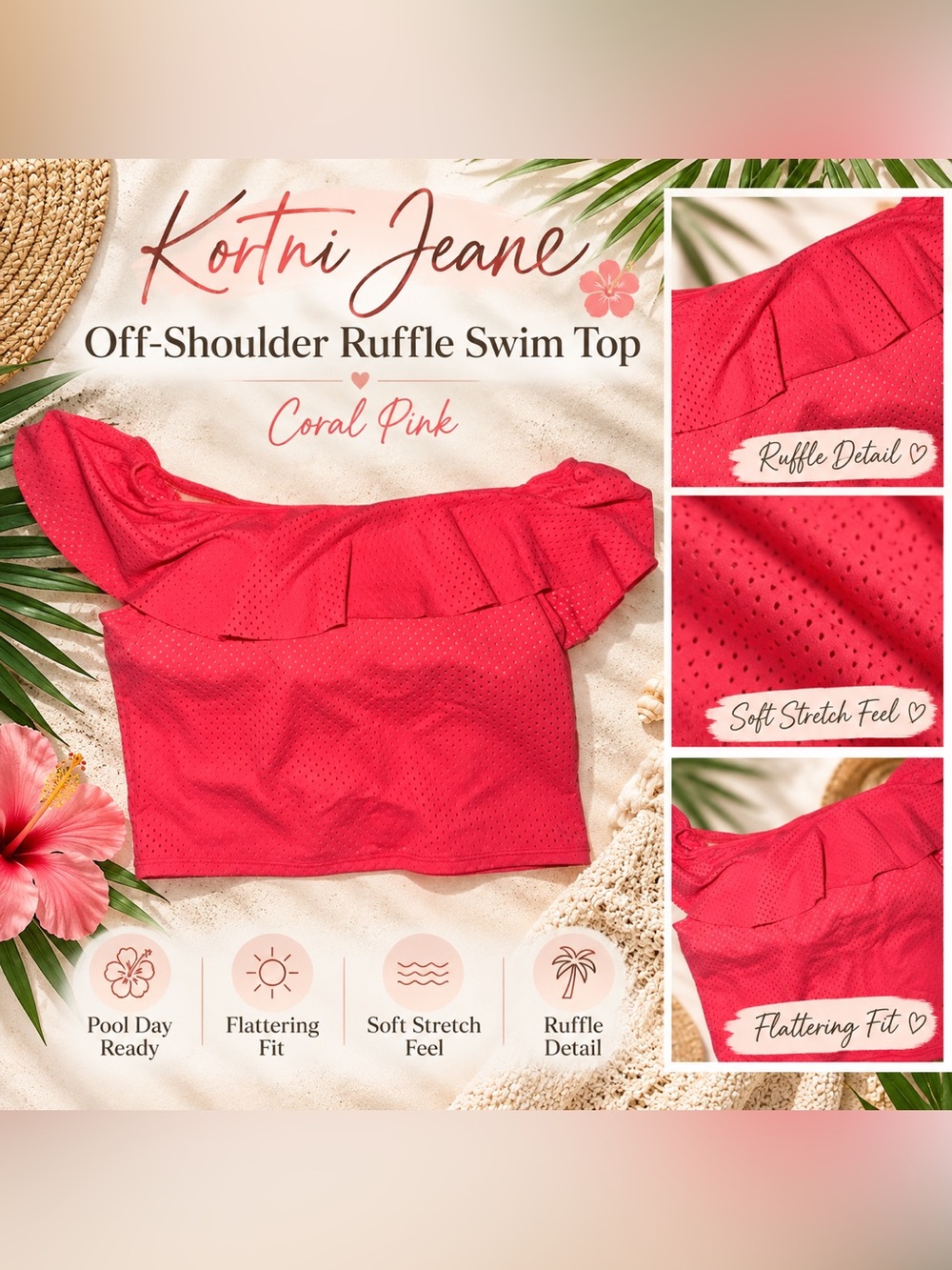 Kortni Jeane Coral Pink Off-Shoulder Ruffle Swim Top